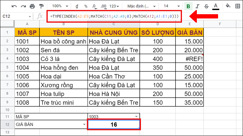 Xác định loại dữ liệu GIÁ BÁN thuộc MÃ SP là 1003